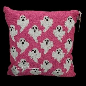 Viral Sparkly Pink Beaded GHOST Throw Pillow Decor 14" Halloween NEW